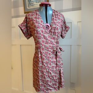 Frank & Oak Pink Floral Wrap Dress with Cream Accents XS